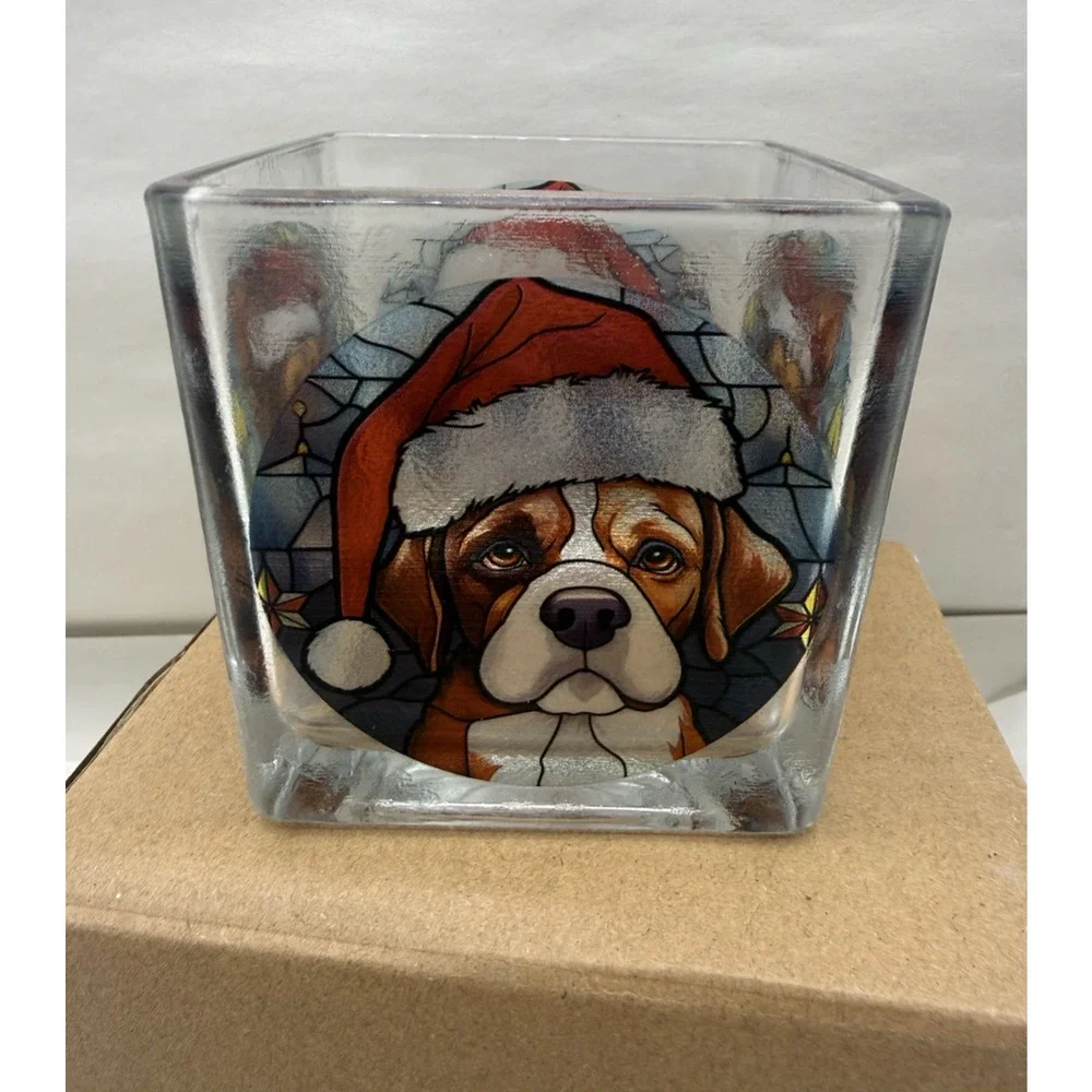 Stained Glass Styled Square Tealight Holder- Christmas Hat Dog, Real Glass Cup..